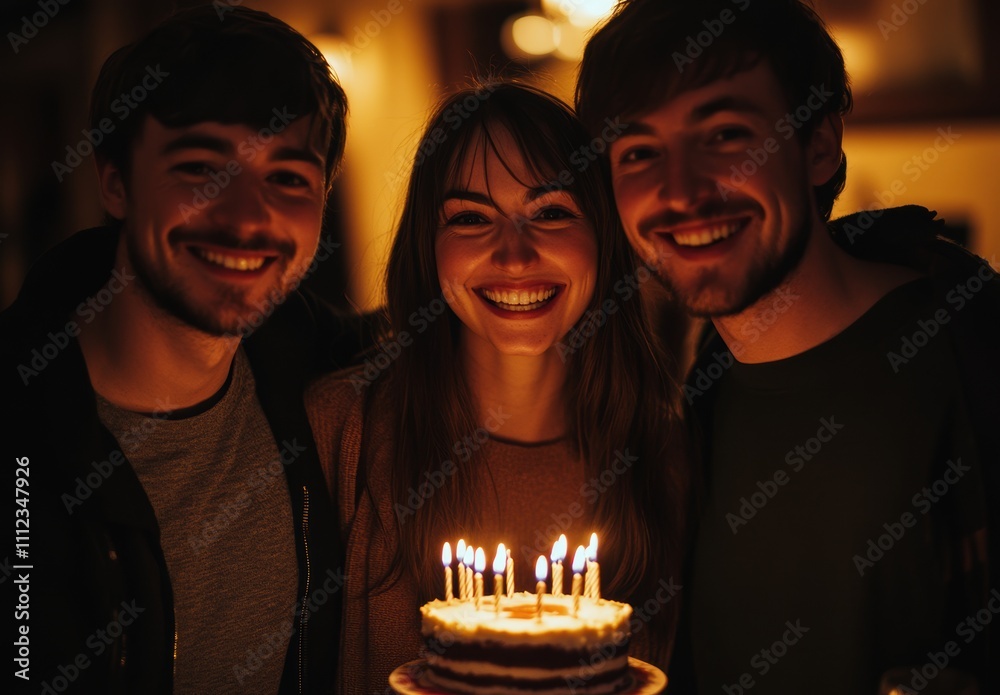 Celebration with Friends Smiling Around Birthday Cake at Night Celebration with Friends Smiling Around Birthday Cake at Night