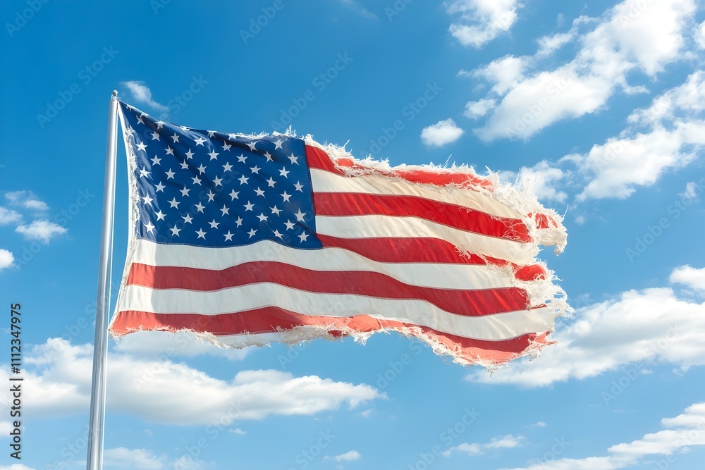 Fototapeta premium Tattered American Flag Blowing in the Wind Against Beautiful Sky for Patriotic