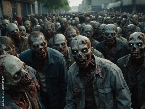 Crowd of zombies roaming the abandoned streets