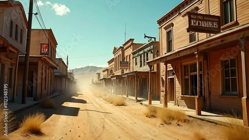 Dusty Street of a Deserted Western Town Under a Sunny Sky