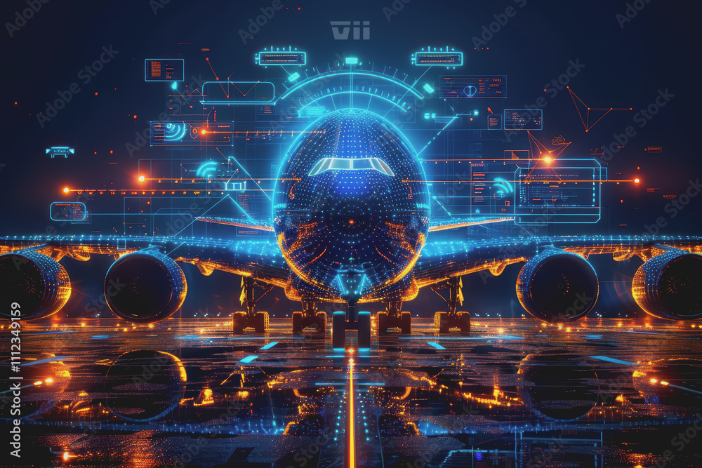 Futuristic aircraft with Wi-Fi symbol and device connection cables. Futuristic aircraft with Wi-Fi symbol and device connection cables.