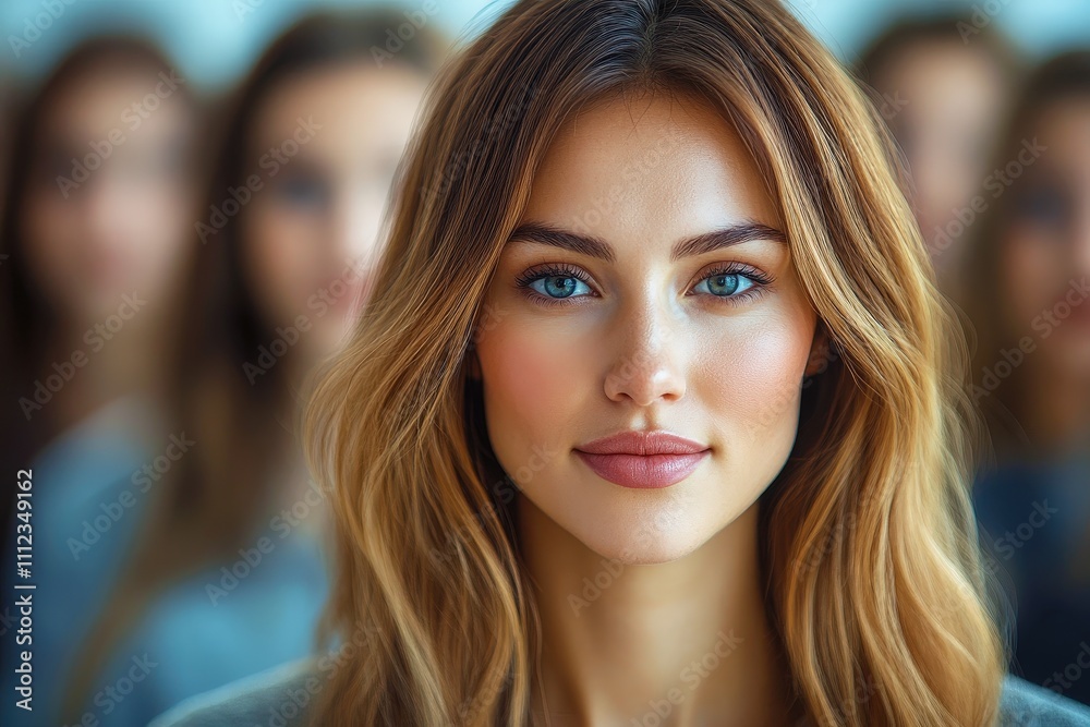 Portrait of a Confident Young Woman with Blue Eyes and Long Hair Surrounded by Faces in Background Portrait of a Confident Young Woman with Blue Eyes and Long Hair Surrounded by Faces in Background
