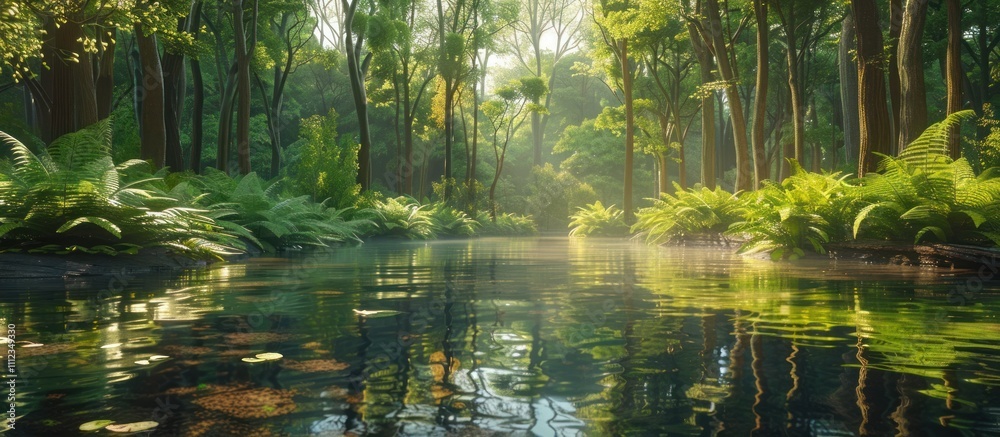 Enchanting forest river flowing through serene wilderness landscape with lush verdant foliage and tranquil reflection of the surrounding trees and foliage on the calm limpid water surface