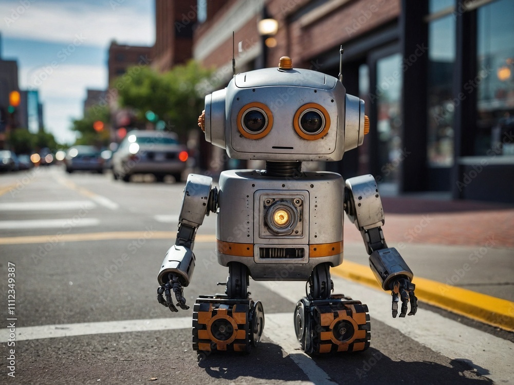 Cute small robot explores a vibrant downtown city during the day Cute small robot explores a vibrant downtown city during the day