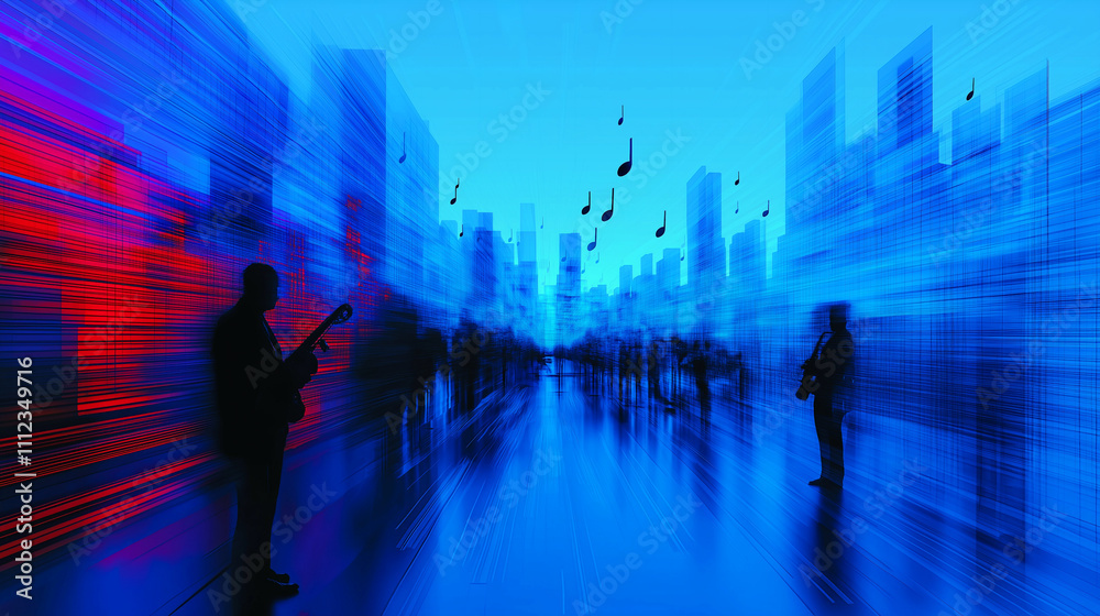 Abstract jazz band performing in a vibrant city during a lively night event with musical notes floating in the air Abstract jazz band performing in a vibrant city during a lively night event with musical notes floating in the air