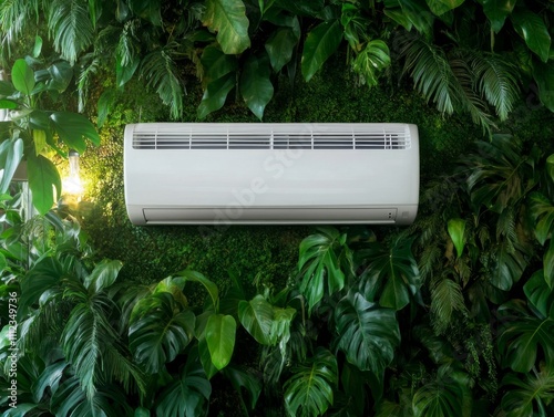 Indoor environment showcases a sleek air conditioner mounted on a wall, surrounded by vibrant green plants and bathed in soft natural sunlight, creating a modern oasis
