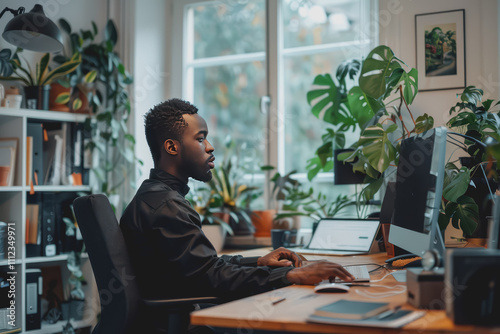 Man on a video call in a home office, organized workspace, bright lighting, professional vibe.