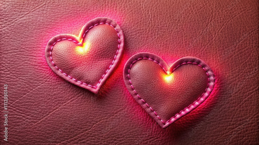 Fototapeta premium Embroidery of two hearts on pink leather illuminated by side light, hearts, embroidery, pink, leather, feminine
