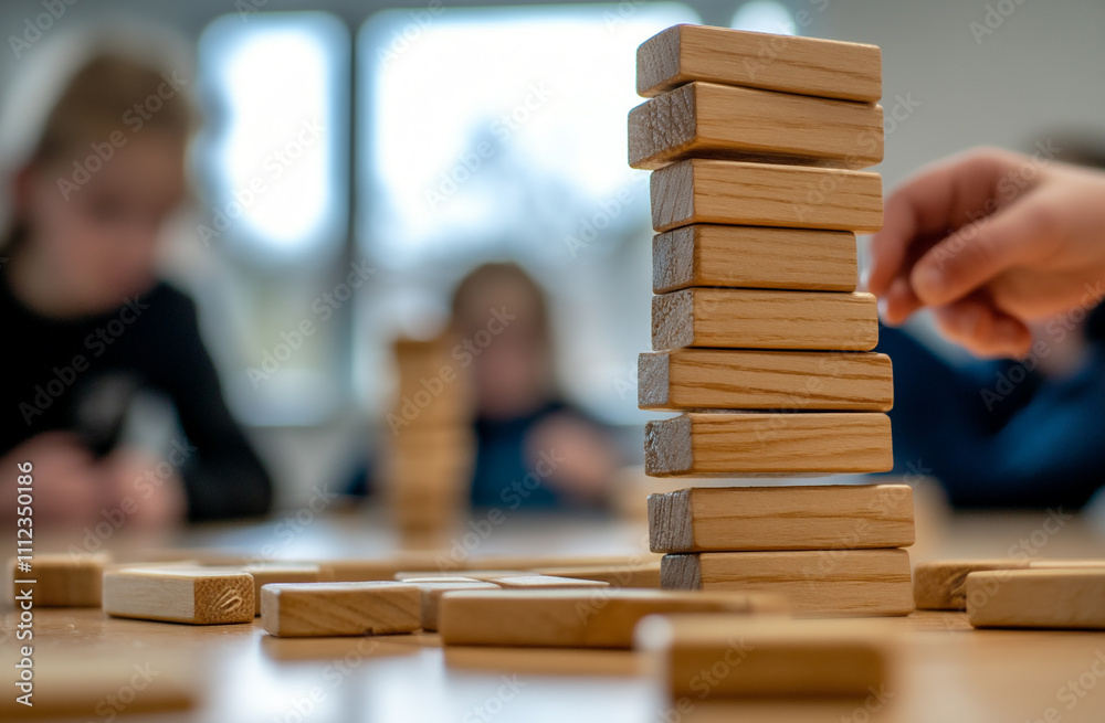 A close-up of a child’s hands building a tower with wooden blocks, with the teacher’s hands steadying it A close-up of a child’s hands building a tower with wooden blocks, with the teacher’s hands steadying it