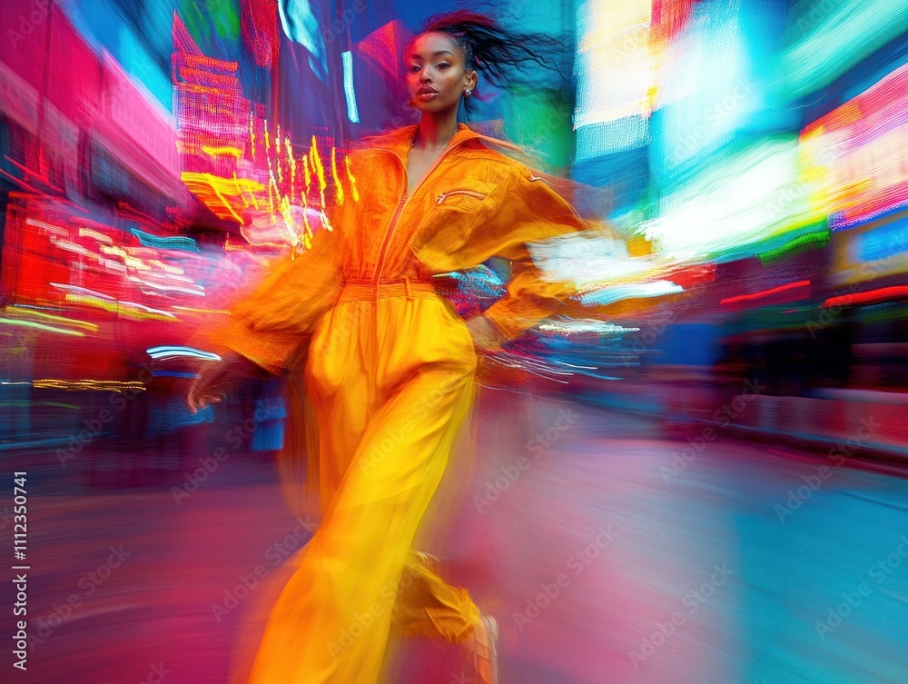 Obraz premium Dynamic city scene with a fashion-forward model
