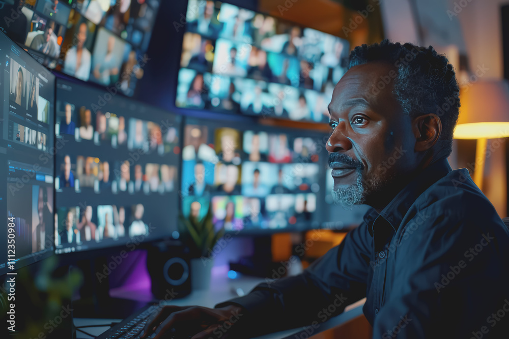 Man on a video call in a home office, organized workspace, bright lighting, professional vibe. Man on a video call in a home office, organized workspace, bright lighting, professional vibe.