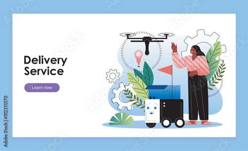 Drone delivery landing page. Woman with drone with box. Online shopping and fast delivery. Logistics and transportation, shipping. Flat vector illustration