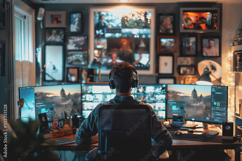 Man on a video call in a home office, organized workspace, bright lighting, professional vibe. Man on a video call in a home office, organized workspace, bright lighting, professional vibe.