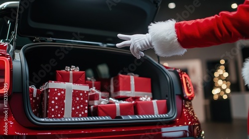 Santa's hand reaches for gifts in a loaded car trunk. photo