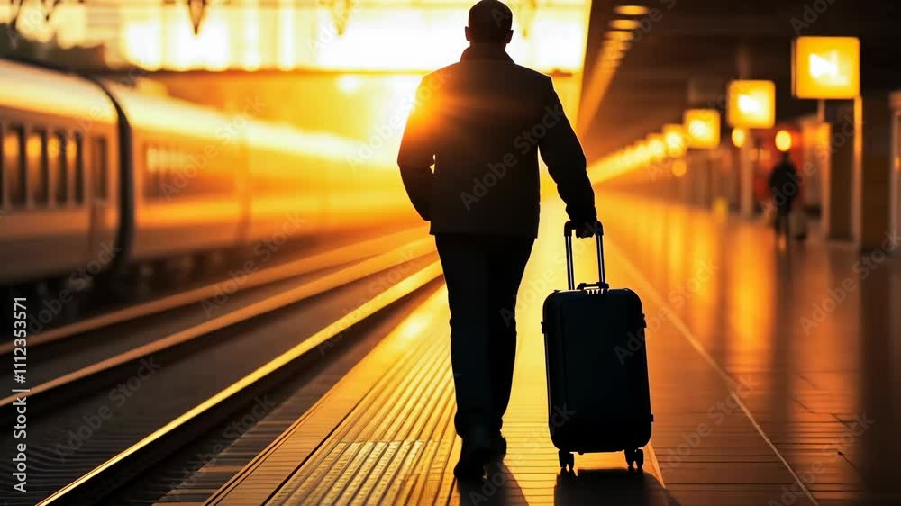 A silhouette of a traveler with a suitcase at a train station during a beautiful sunrise, capturing the essence of journey and adventure.