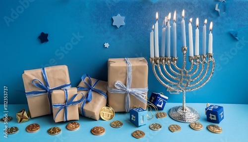 Hanukkah scene with wrapped gifts, menorah, didel and coins on blue background. photo