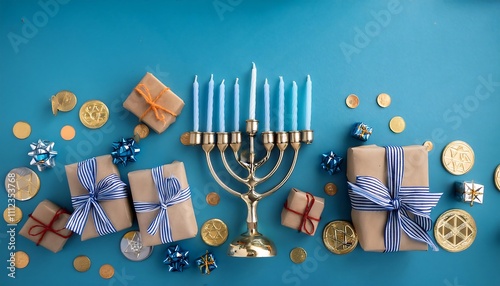 Hanukkah scene with wrapped gifts, menorah, didel and coins on blue background. photo