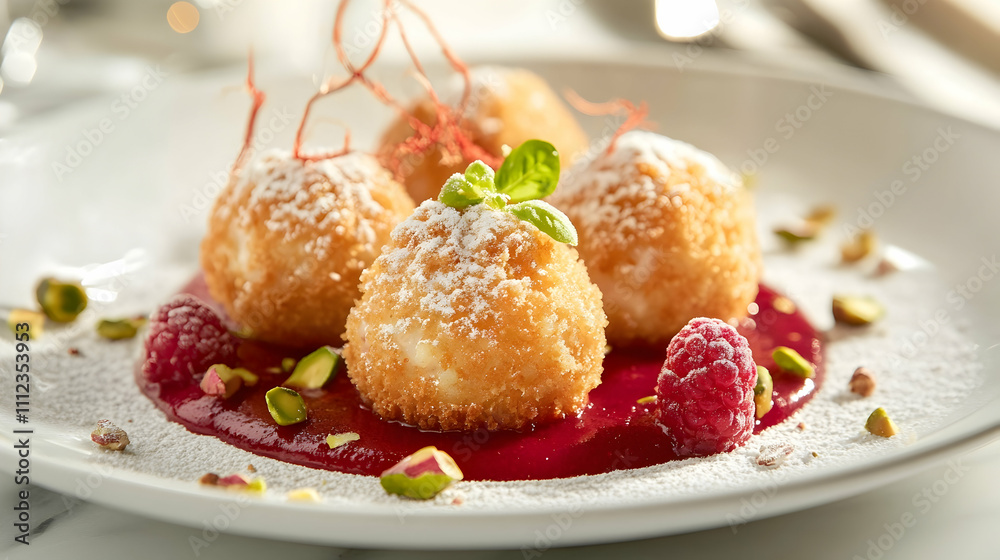 Vanilla Bean Rice Pudding Arancini with Raspberry Sauce and Pistachio, Dessert Photography Vanilla Bean Rice Pudding Arancini with Raspberry Sauce and Pistachio, Dessert Photography