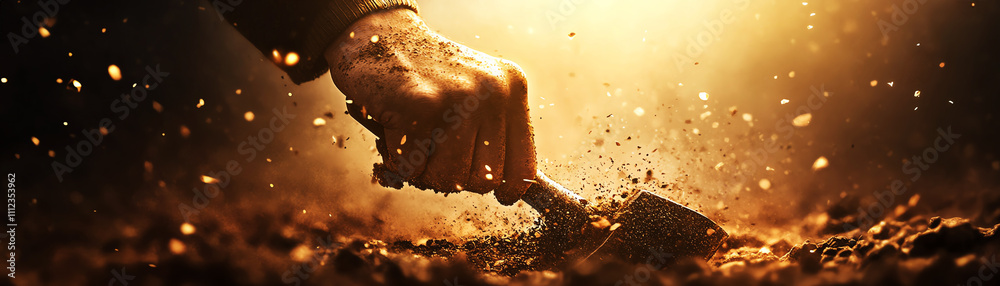 Hand skillfully digs into the earth, capturing the essence of hard work and connection with nature. Hand skillfully digs into the earth, capturing the essence of hard work and connection with nature.
