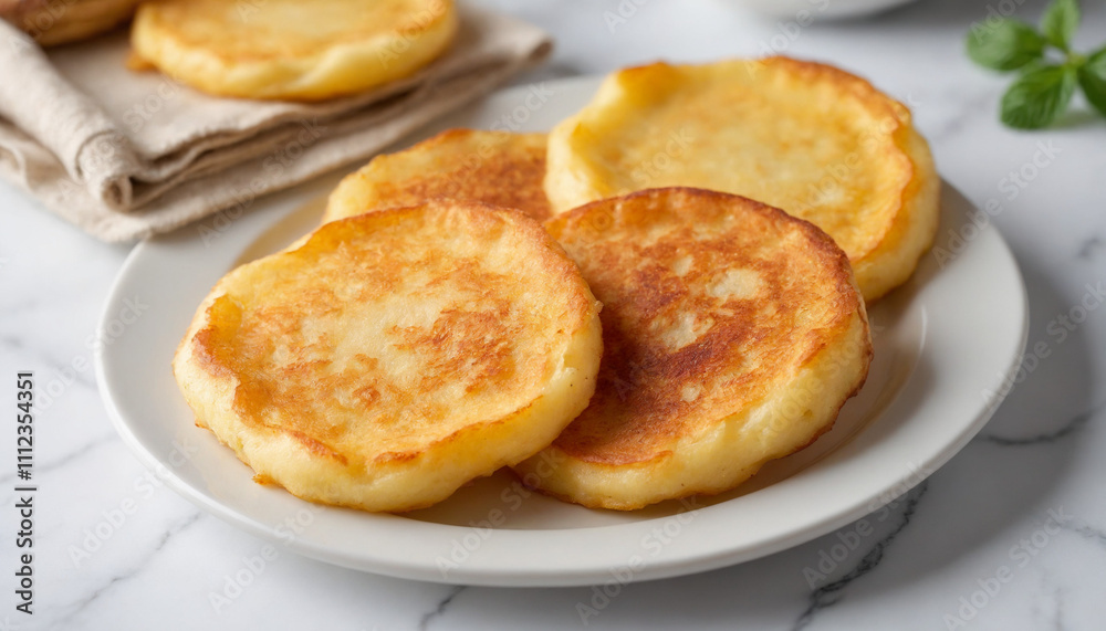 Crisp potato pancakes in close-up style in golden-brown hues for appetizing breakfast with copy space Crisp potato pancakes in close-up style in golden-brown hues for appetizing breakfast with copy space