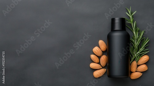 Wallpaper Mural Minimalist Flat Lay of Black Squeeze Bottle with Almonds and Herbs Torontodigital.ca