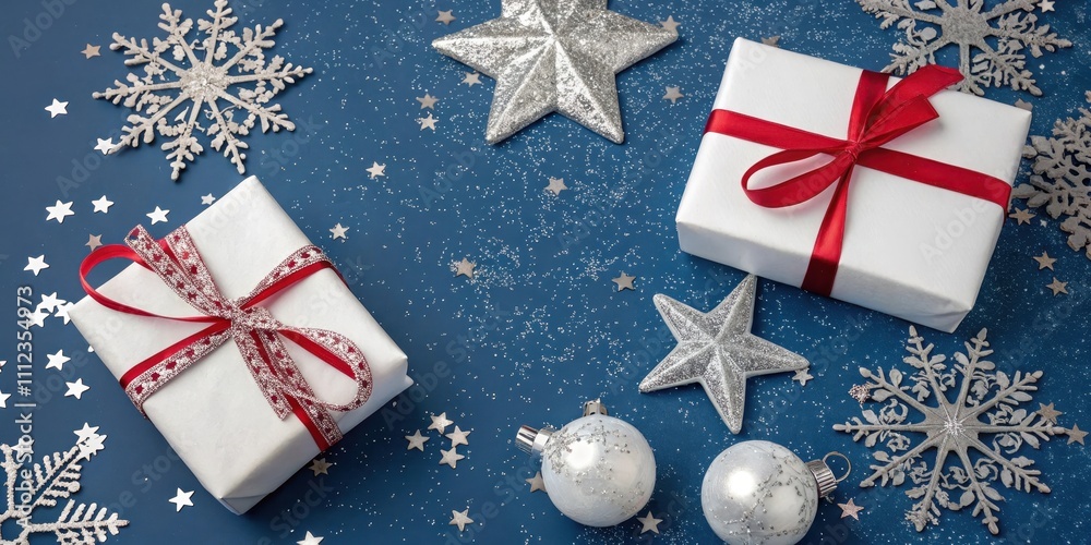 Fototapeta premium Festive Winter Scene with Presents, Stars, and Snowflakes on a Blue Background