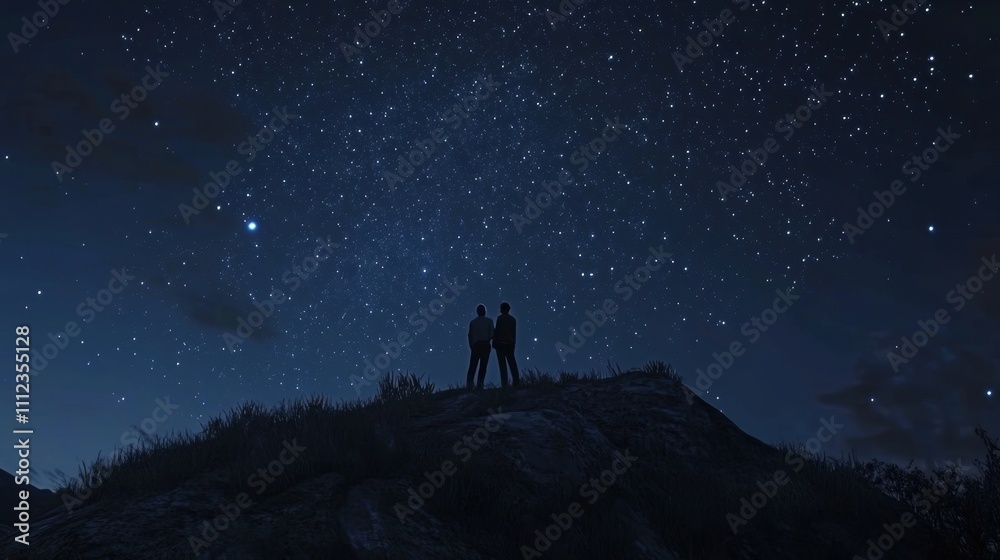 Romantic Night Under a Starry Sky with Two Silhouetted Figures on a Hilltop Surrounded by Nature in a Serene and Peaceful Atmosphere Romantic Night Under a Starry Sky with Two Silhouetted Figures on a Hilltop Surrounded by Nature in a Serene and Peaceful Atmosphere