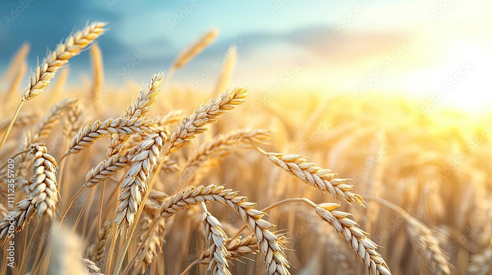 Golden wheat fields under a bright sky during sunset. Golden wheat fields under a bright sky during sunset.