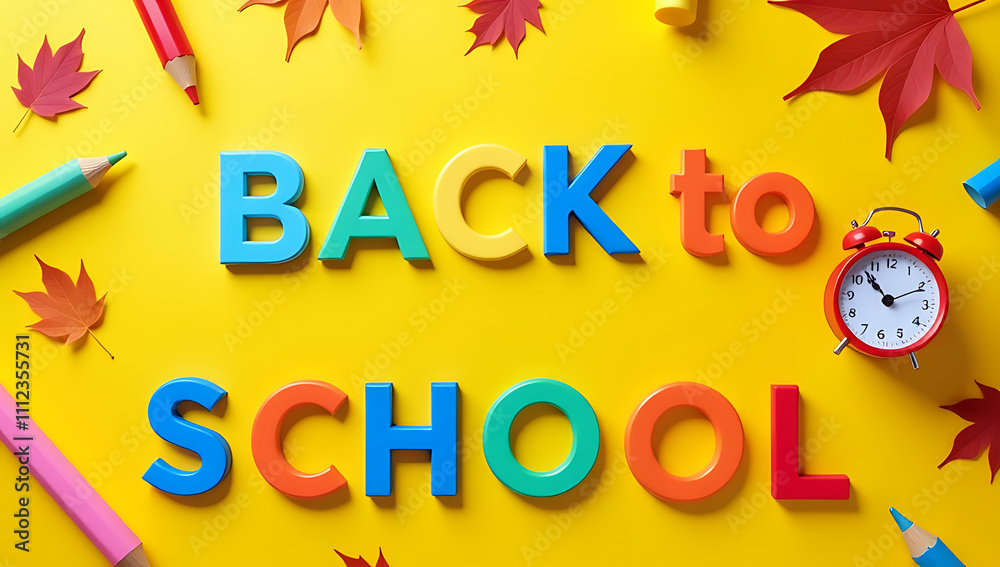 Colorful alphabet letters, calendar, and autumn leaves are scattered on a vibrant yellow backdrop in this back to school themed image._00001_ Colorful alphabet letters, calendar, and autumn leaves are scattered on a vibrant yellow backdrop in this back to school themed image._00001_