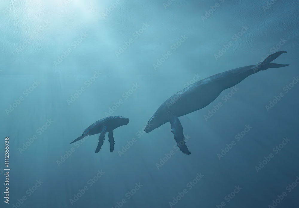 Naklejka premium Ethereal Underwater Encounter of Two Majestic Whales Swimming Gracefully Together in a Mystical Seascape with Soft Illumination from Above
