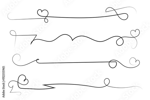 Filigree curly Calligraphic Heart, Fancy Line hearts divider and separator line Swirls, curve romantic love ornate, Valentine's Day flourish Swirl, Calligraphy lettering thin lines hearts scroll 