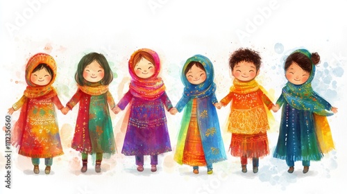 Colorful Illustration of Six Diverse Girls in Traditional Attire Holding Hands, Celebrating Unity and Friendship with Vibrant Patterns and Joyful Expressions