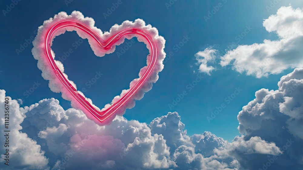 Neon heart on a cloud against a blue sky background. Romantic holiday background. 3d illustration Neon heart on a cloud against a blue sky background. Romantic holiday background. 3d illustration