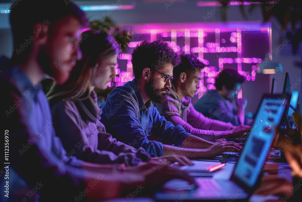 Team of male and female software developers writing code on laptops in real working environment. Team of male and female software developers writing code on laptops in real working environment.
