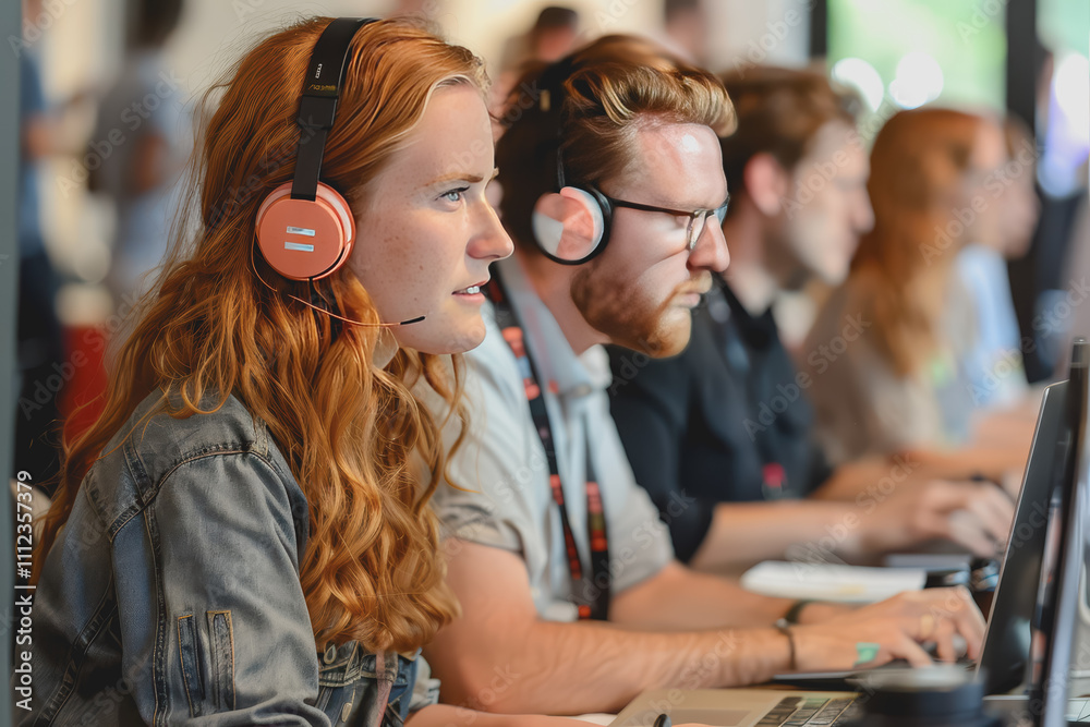 Team of male and female software developers writing code on laptops in real working environment. Team of male and female software developers writing code on laptops in real working environment.