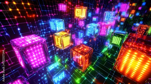 Illuminated Cubes Float In A Neon Grid Network