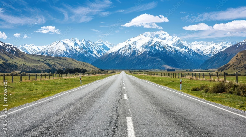 Naklejka premium Scenic Road Leading Towards the Snowy Peaks