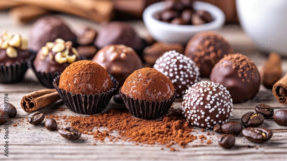 Assorted chocolate truffles and coffee beans on wooden table, natural light. Assorted chocolate truffles and coffee beans on wooden table, natural light.