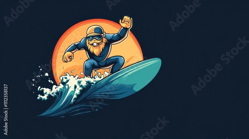 Wallpaper Mural A stylized illustration of a bearded surfer riding a wave with a sunset background. Torontodigital.ca