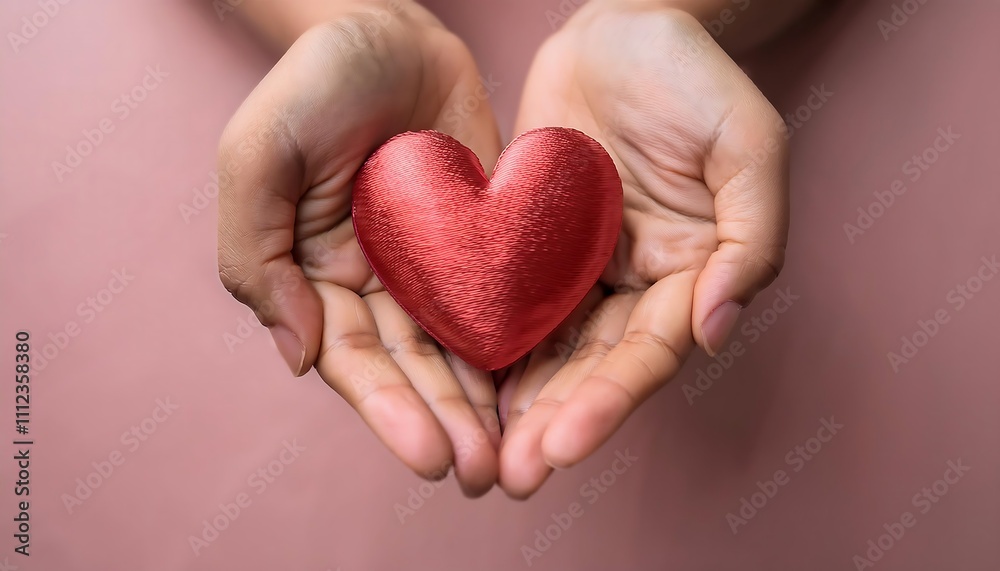 Two small hands gently hold a small red heart on a pink background. Two small hands gently hold a small red heart on a pink background.