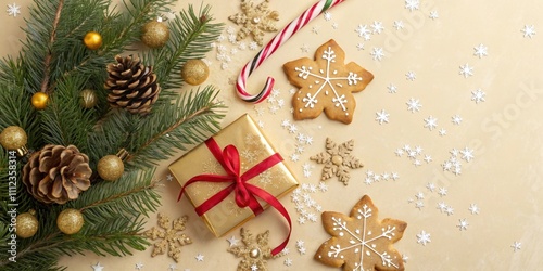 A golden gift, adorned with a red ribbon, nestled among festive decorations including pine branches, ornaments, and snowflake-shaped cookies.