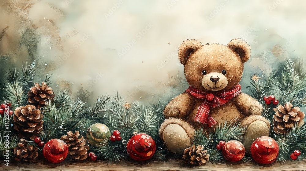 Cute bear with a gift and a Christmas tree on a light background to celebrate Merry Christmas. Watercolor background illustration Cute bear with a gift and a Christmas tree on a light background to celebrate Merry Christmas. Watercolor background illustration