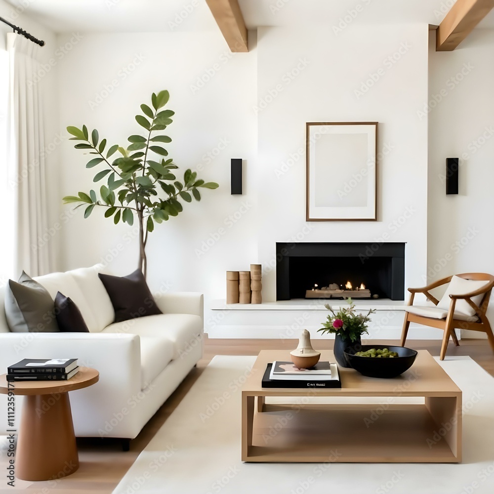 Fototapeta premium A modern, minimalist living room with a white sofa, wooden coffee table, and a large potted plant in the background. The room has high ceilings with exposed wooden beams and a simple, neutral color.