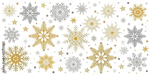 A Festive Collection of Gold and Silver Snowflakes with Scattered Stars and Dots for Winter Holiday Decor