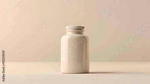 Beautiful supplement bottle featured on a plain, neutral-colored background, capturing its elegant shape and finish, with no text or additional elements