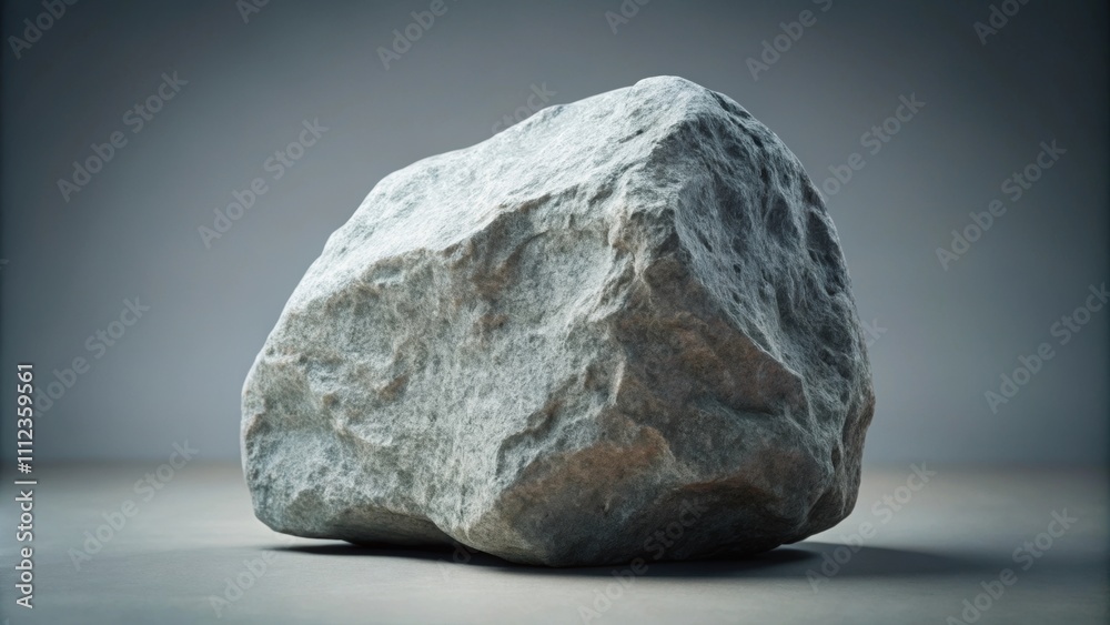 Fototapeta premium A large grey rock sitting on a solitary grey background, rock, stone, isolated, single, minimalistic, natural, textured, solid