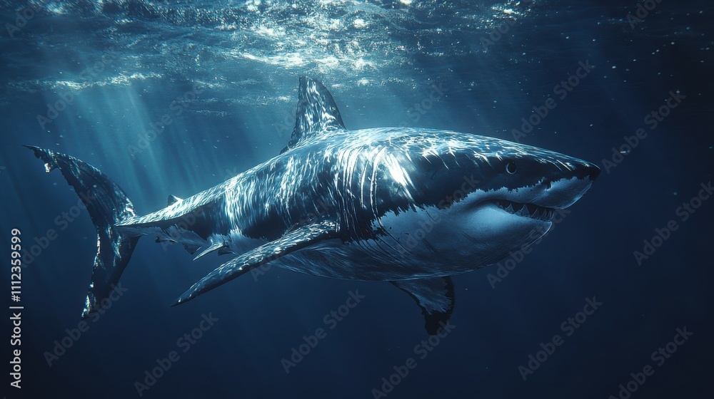 Fototapeta premium Majestic Great White Shark Gliding Through Deep Ocean Waters with Sunlight Streaming from Above Creating a Stunning Underwater Scene