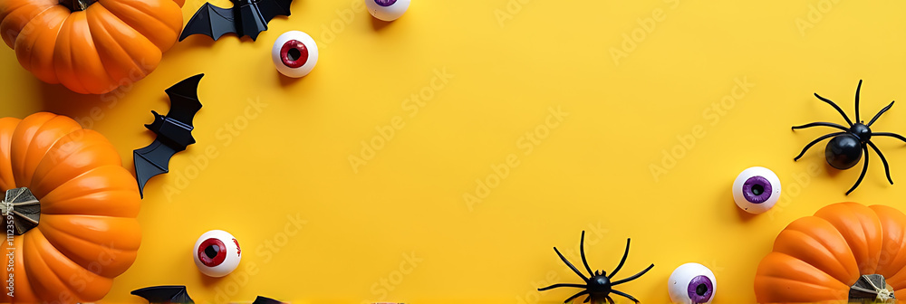 Fototapeta premium A vibrant yellow surface features a festive Halloween arrangement of pumpkins, bats, spiders, and eyeballs in a spooky yet playful design._00001_