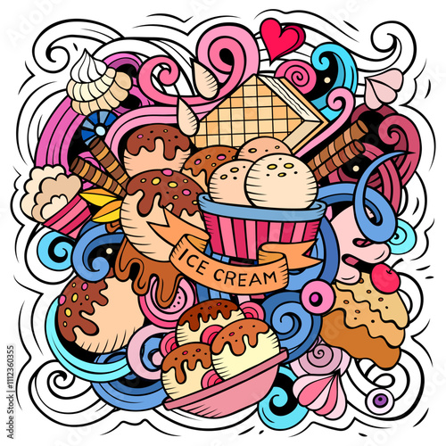 Ice Cream cartoon vector illustration. Funny detailed composition with lot of Sweet Food objects and symbols