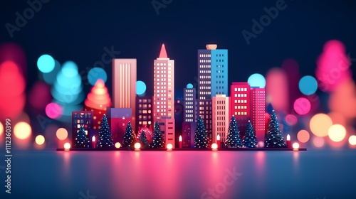 Festive miniature city skyline adorned with vibrant lights and Christmas trees, showcasing a dynamic business setting ideal for a holiday campaign photo